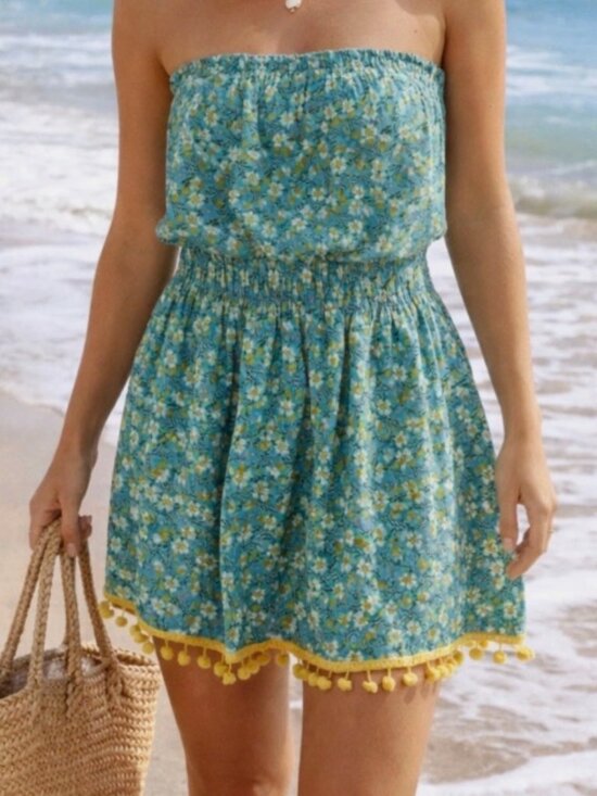 NATURAL LIFE Dresses & Skirts - Natural Life Strapless Boho Mini Dress Floral Elastic Waist Beachy Pom Pom S/M